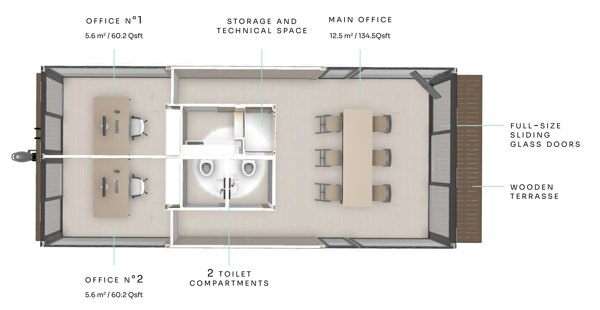 Top view architectural floor plan of a floating office with room layout, measurements and deck areas