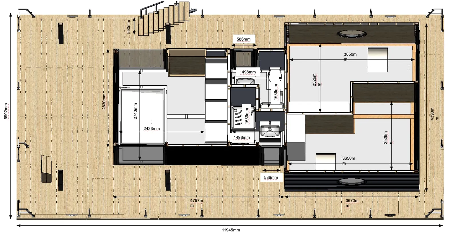 Floorplan of floating villa for resorts and hotels, detailed layout of premium floating home