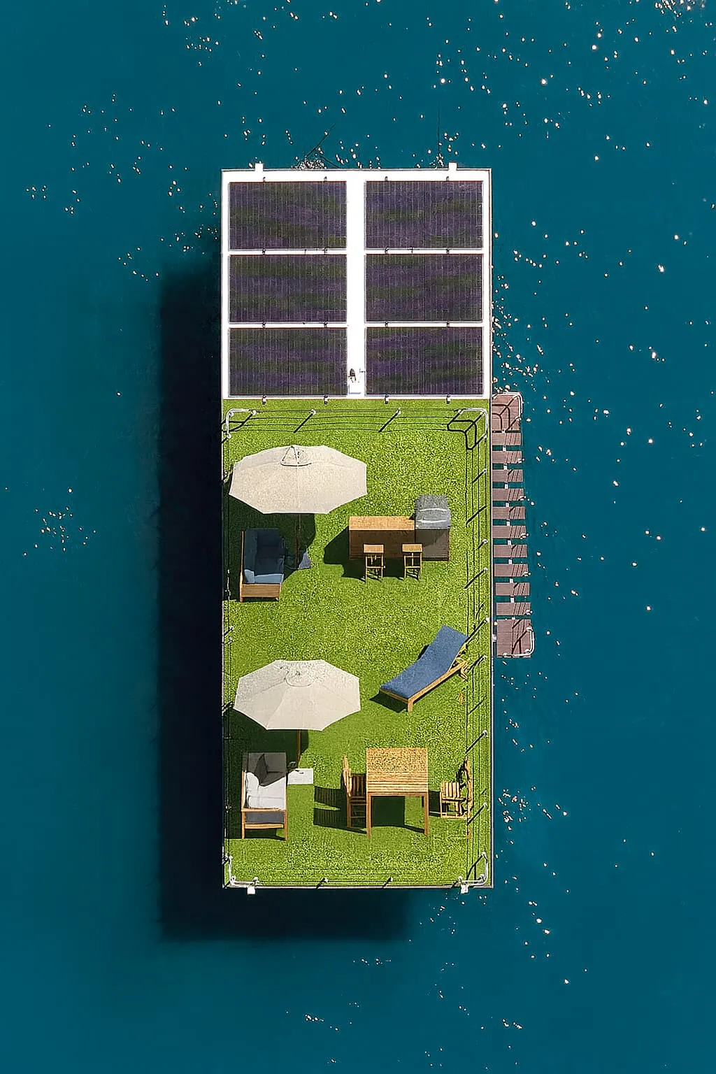 Aerial view of floating villa rooftop terrace with lounge areas for resort and hotel use